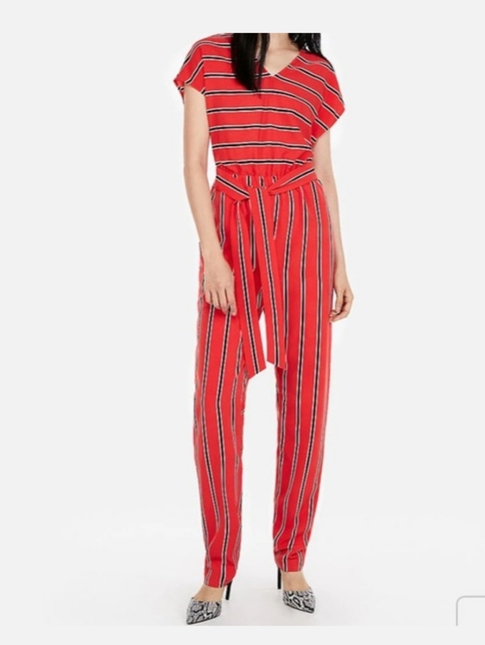 Express V-neck Jumpsuit Red Striped Short Sleeves Straight Leg Elastic Waist Med